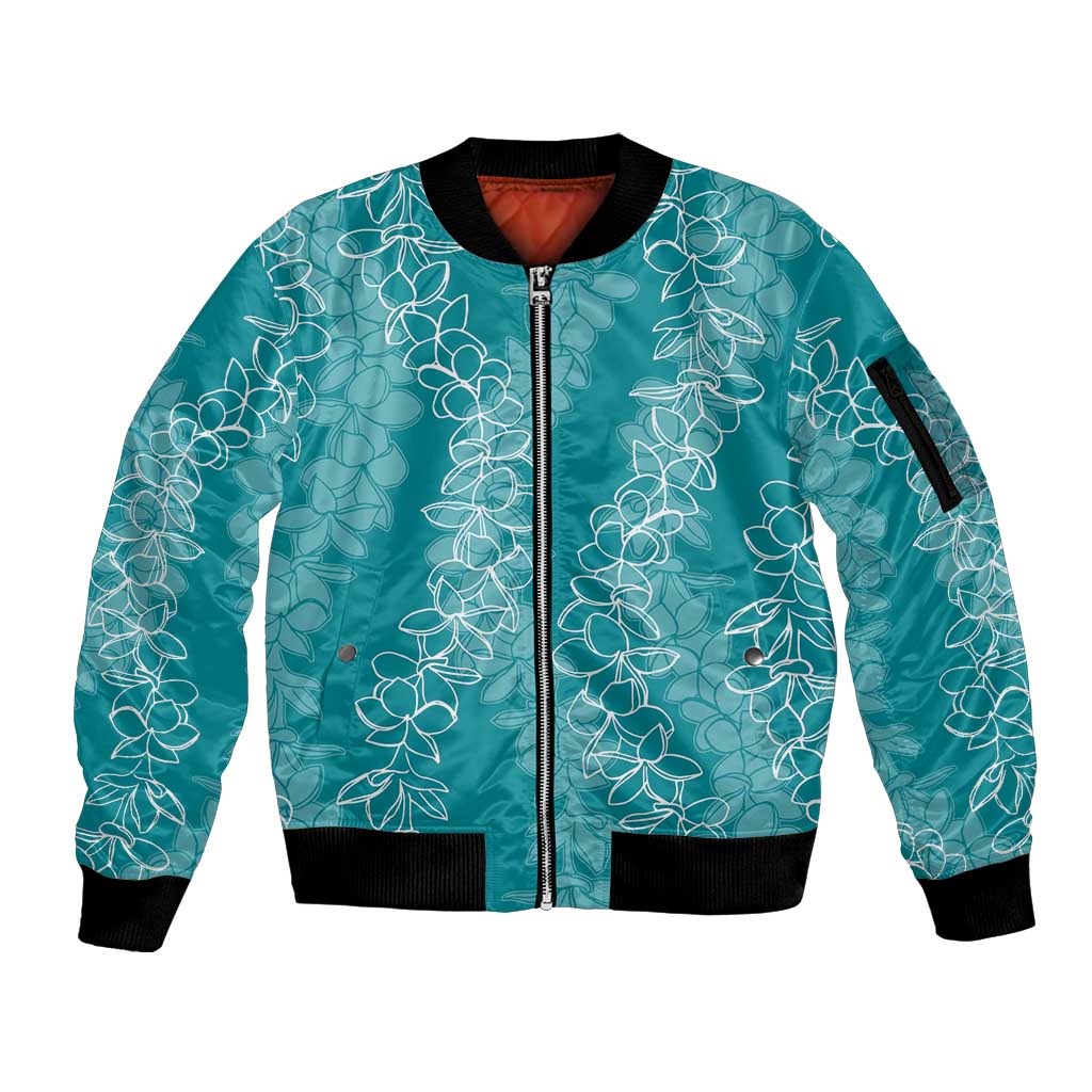 Hawaii Plumeria Lei Sleeve Zip Bomber Jacket Aloha Festive Vibe - Teal