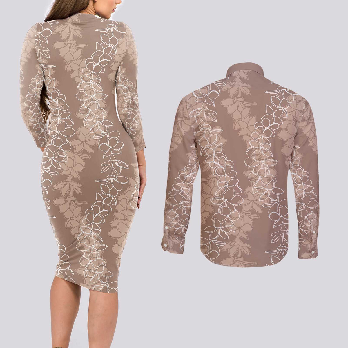 Hawaii Plumeria Lei Couples Matching Long Sleeve Bodycon Dress and Long Sleeve Button Shirt Aloha Festive Vibe - Beige LT7 - Polynesian Pride