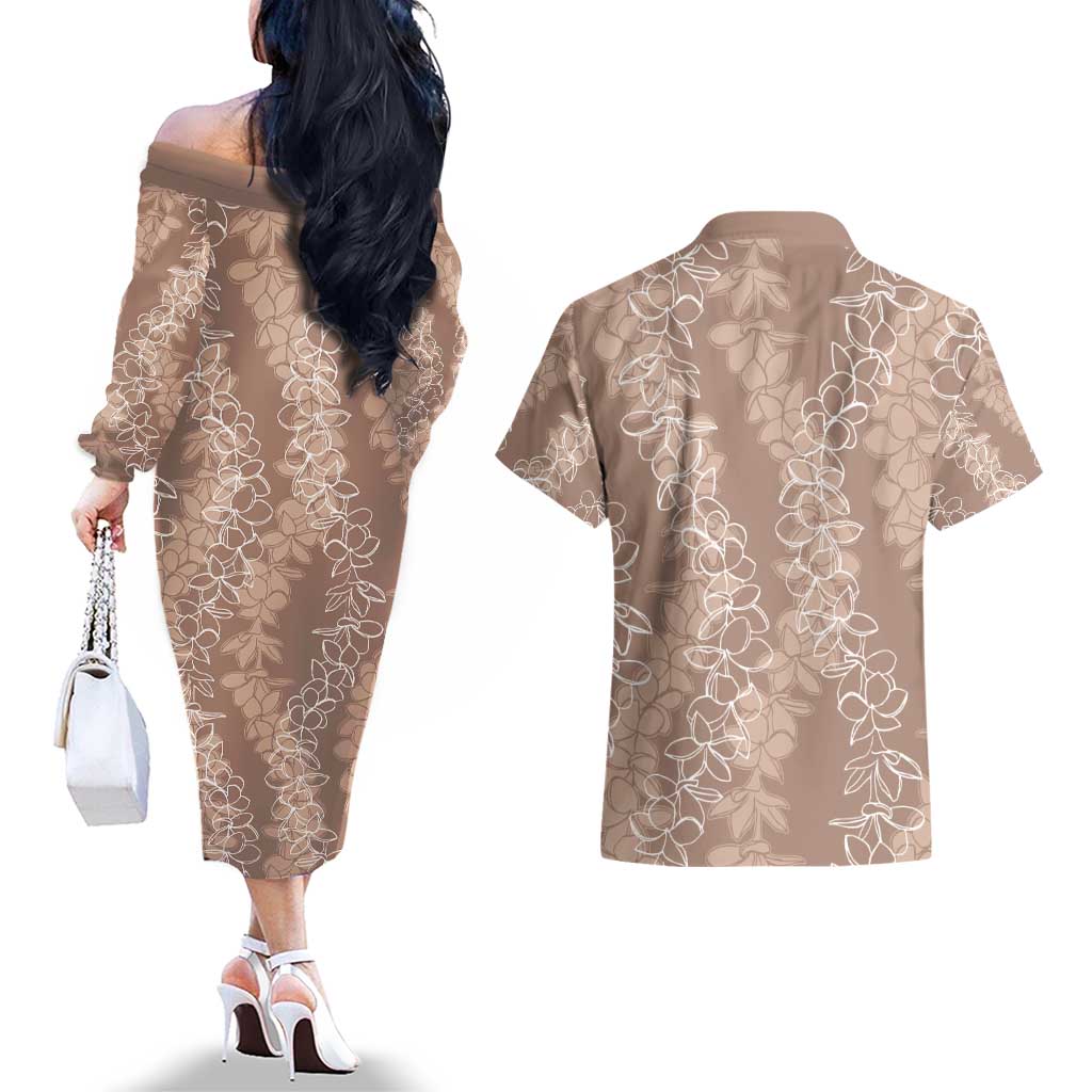 Hawaii Plumeria Lei Couples Matching Off The Shoulder Long Sleeve Dress and Hawaiian Shirt Aloha Festive Vibe - Beige