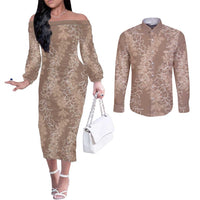 Hawaii Plumeria Lei Couples Matching Off The Shoulder Long Sleeve Dress and Long Sleeve Button Shirt Aloha Festive Vibe - Beige LT7 Beige - Polynesian Pride