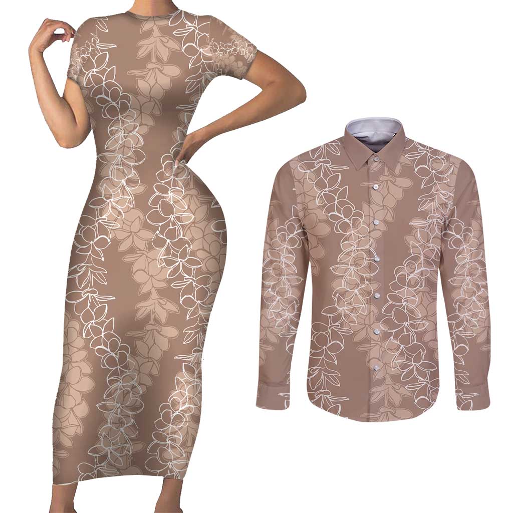 Hawaii Plumeria Lei Couples Matching Short Sleeve Bodycon Dress and Long Sleeve Button Shirt Aloha Festive Vibe - Beige