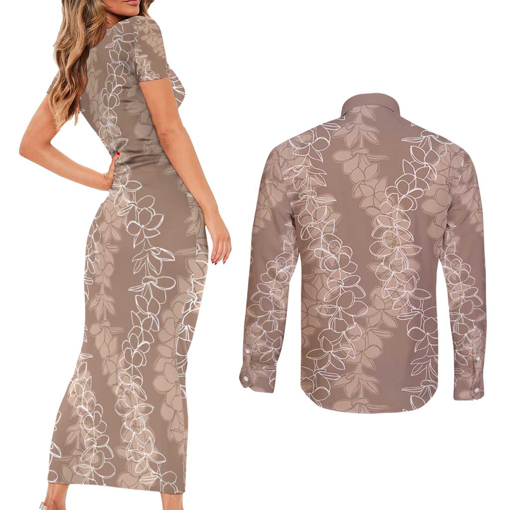 Hawaii Plumeria Lei Couples Matching Short Sleeve Bodycon Dress and Long Sleeve Button Shirt Aloha Festive Vibe - Beige LT7 - Polynesian Pride