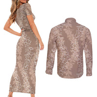 Hawaii Plumeria Lei Couples Matching Short Sleeve Bodycon Dress and Long Sleeve Button Shirt Aloha Festive Vibe - Beige LT7 - Polynesian Pride