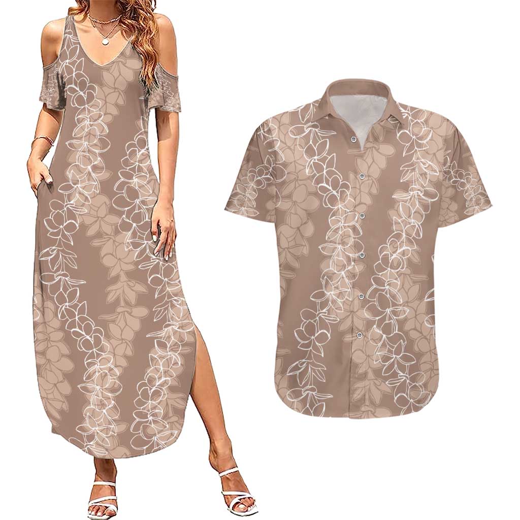 Hawaii Plumeria Lei Couples Matching Summer Maxi Dress and Hawaiian Shirt Aloha Festive Vibe - Beige