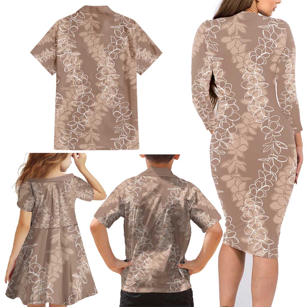 Hawaii Plumeria Lei Family Matching Long Sleeve Bodycon Dress and Hawaiian Shirt Aloha Festive Vibe - Beige LT7 - Polynesian Pride