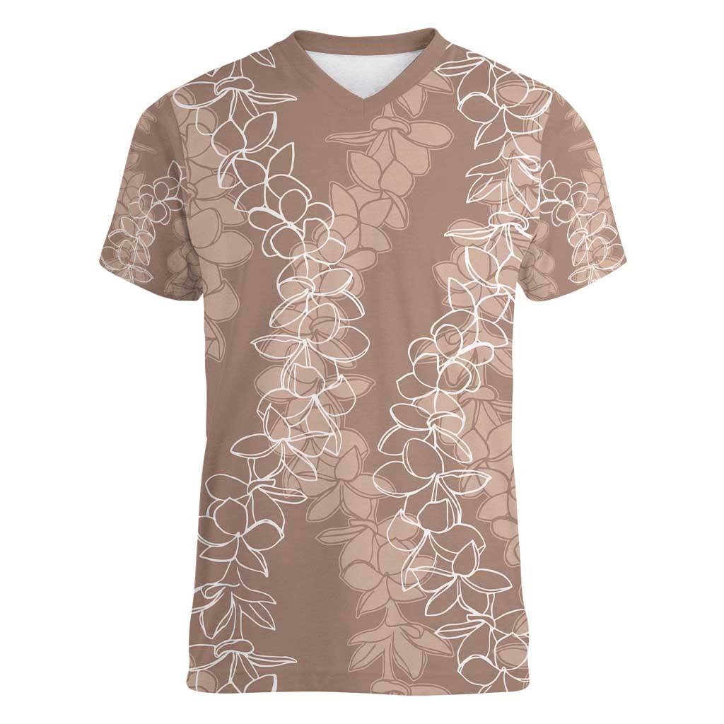 Hawaii Plumeria Lei Women V-Neck T-Shirt Aloha Festive Vibe - Beige