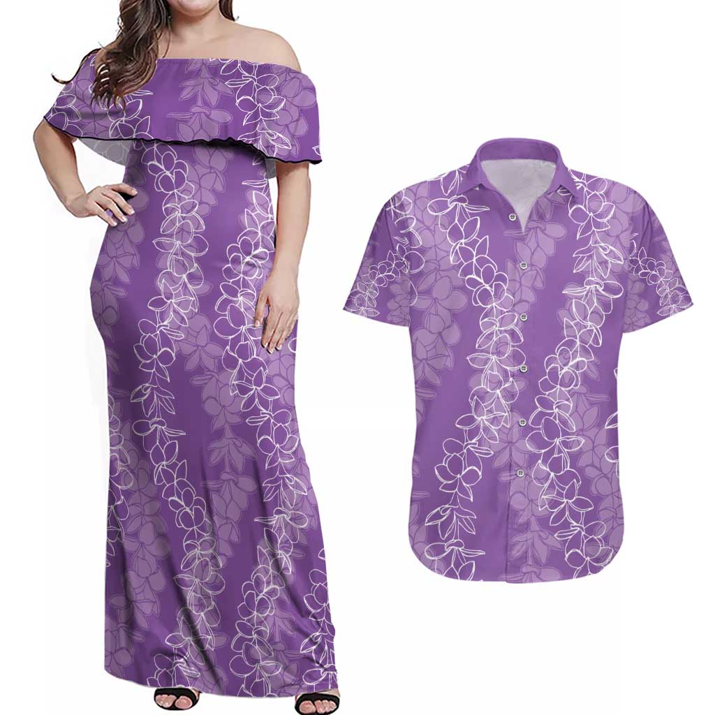 Hawaii Plumeria Lei Couples Matching Off Shoulder Maxi Dress and Hawaiian Shirt Aloha Festive Vibe - Violet