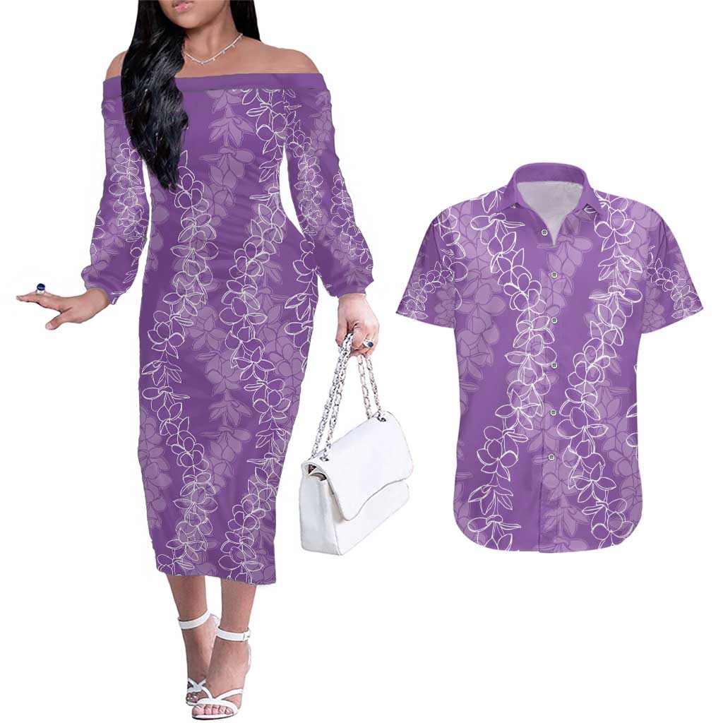 Hawaii Plumeria Lei Couples Matching Off The Shoulder Long Sleeve Dress and Hawaiian Shirt Aloha Festive Vibe - Violet