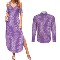 Hawaii Plumeria Lei Couples Matching Summer Maxi Dress and Long Sleeve Button Shirt Aloha Festive Vibe - Violet LT7 Violet - Polynesian Pride