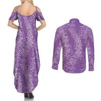 Hawaii Plumeria Lei Couples Matching Summer Maxi Dress and Long Sleeve Button Shirt Aloha Festive Vibe - Violet LT7 - Polynesian Pride