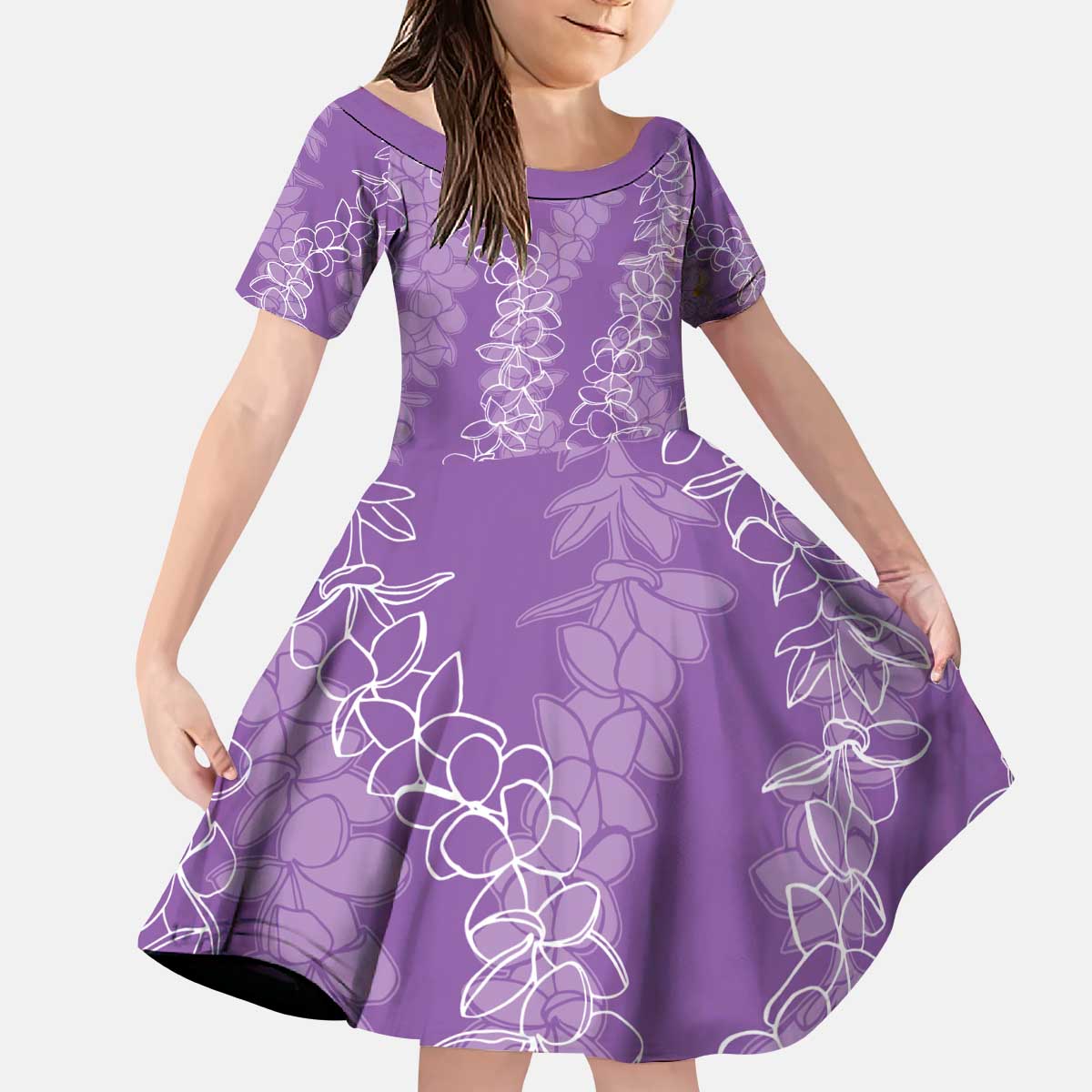 Hawaii Plumeria Lei Family Matching Puletasi and Hawaiian Shirt Aloha Festive Vibe - Violet LT7 Daughter's Dress Violet - Polynesian Pride
