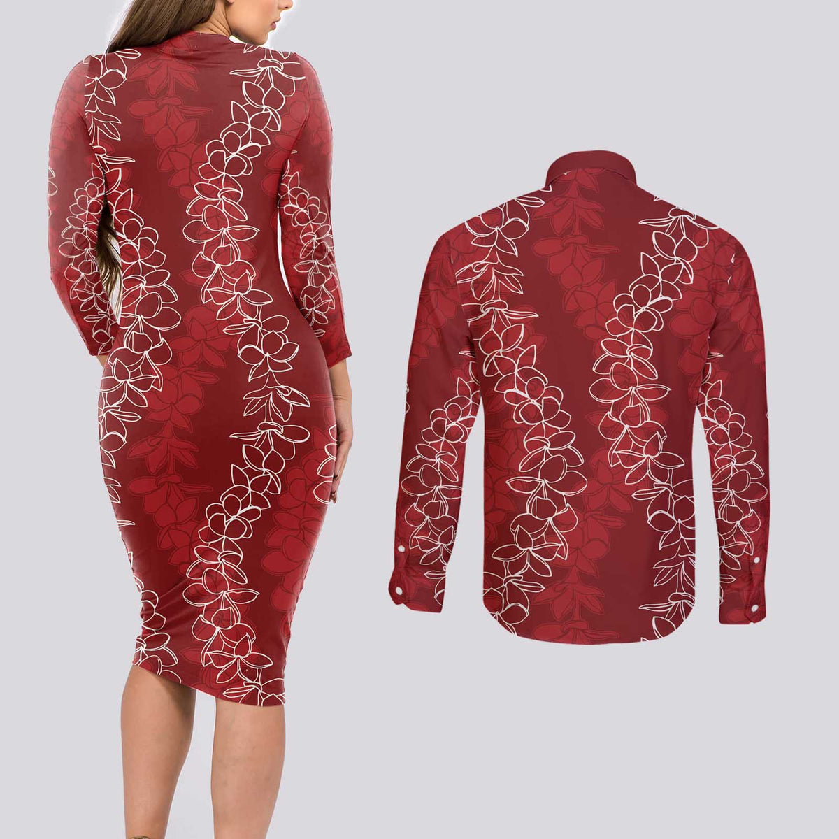 Hawaii Plumeria Lei Couples Matching Long Sleeve Bodycon Dress and Long Sleeve Button Shirt Aloha Festive Vibe - Crimson LT7 - Polynesian Pride