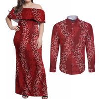 Hawaii Plumeria Lei Couples Matching Off Shoulder Maxi Dress and Long Sleeve Button Shirt Aloha Festive Vibe - Crimson