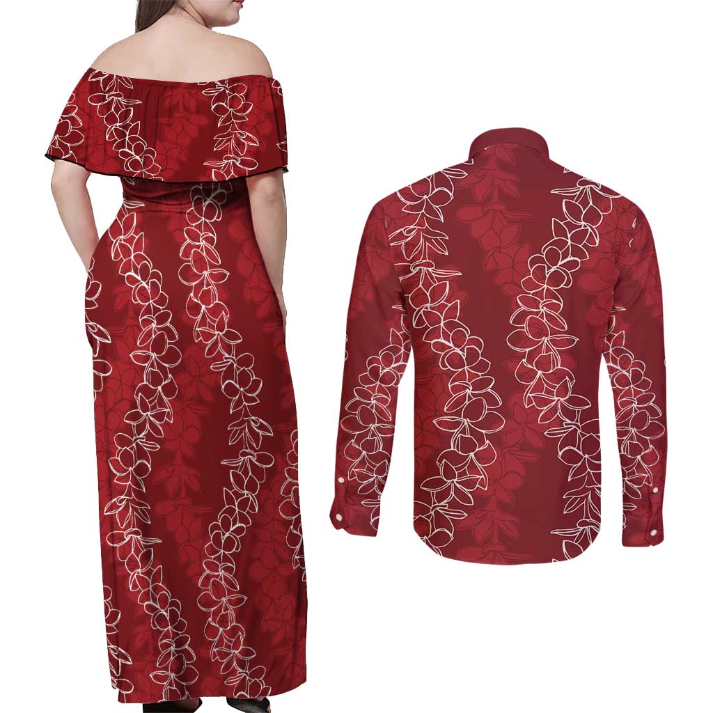 Hawaii Plumeria Lei Couples Matching Off Shoulder Maxi Dress and Long Sleeve Button Shirt Aloha Festive Vibe - Crimson