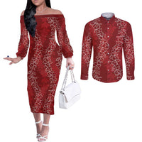 Hawaii Plumeria Lei Couples Matching Off The Shoulder Long Sleeve Dress and Long Sleeve Button Shirt Aloha Festive Vibe - Crimson LT7 Crimson - Polynesian Pride