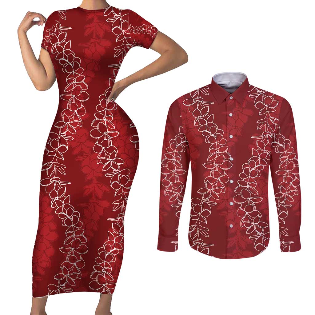 Hawaii Plumeria Lei Couples Matching Short Sleeve Bodycon Dress and Long Sleeve Button Shirt Aloha Festive Vibe - Crimson LT7 Crimson - Polynesian Pride