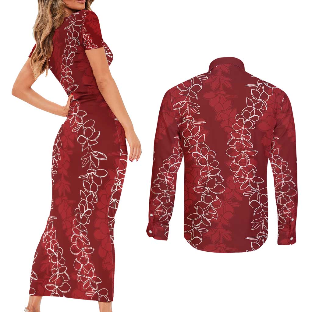 Hawaii Plumeria Lei Couples Matching Short Sleeve Bodycon Dress and Long Sleeve Button Shirt Aloha Festive Vibe - Crimson LT7 - Polynesian Pride