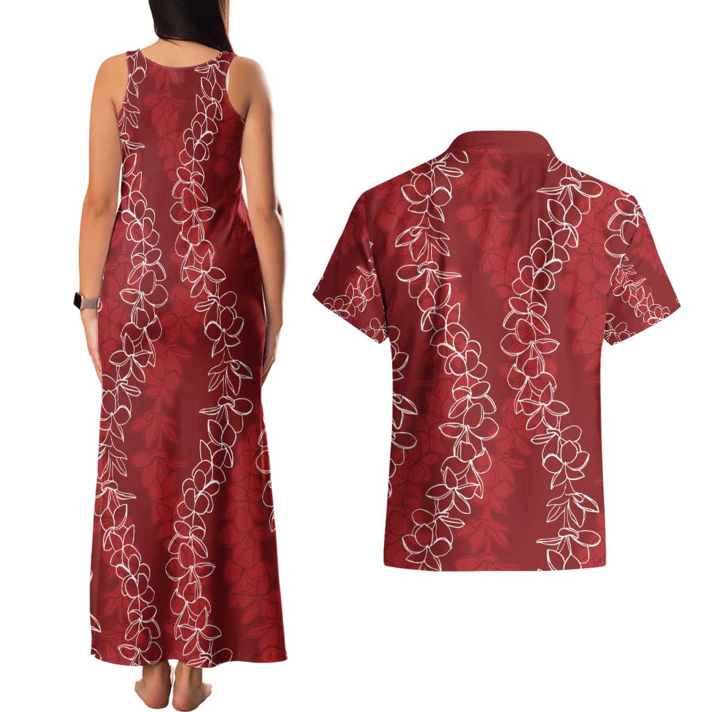 Hawaii Plumeria Lei Couples Matching Tank Maxi Dress and Hawaiian Shirt Aloha Festive Vibe - Crimson LT7 - Polynesian Pride