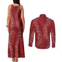 Hawaii Plumeria Lei Couples Matching Tank Maxi Dress and Long Sleeve Button Shirt Aloha Festive Vibe - Crimson