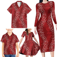 Hawaii Plumeria Lei Family Matching Long Sleeve Bodycon Dress and Hawaiian Shirt Aloha Festive Vibe - Crimson LT7 - Polynesian Pride