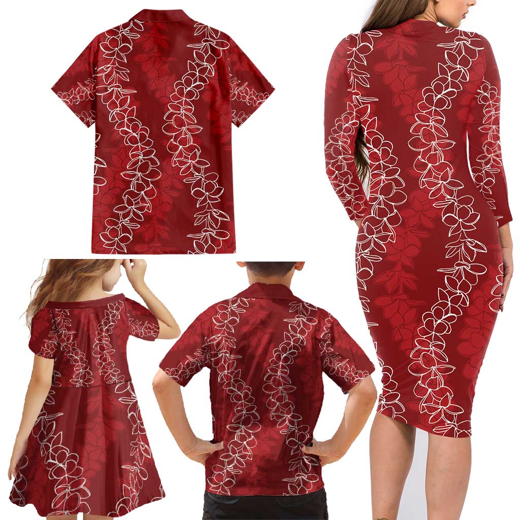 Hawaii Plumeria Lei Family Matching Long Sleeve Bodycon Dress and Hawaiian Shirt Aloha Festive Vibe - Crimson LT7 - Polynesian Pride