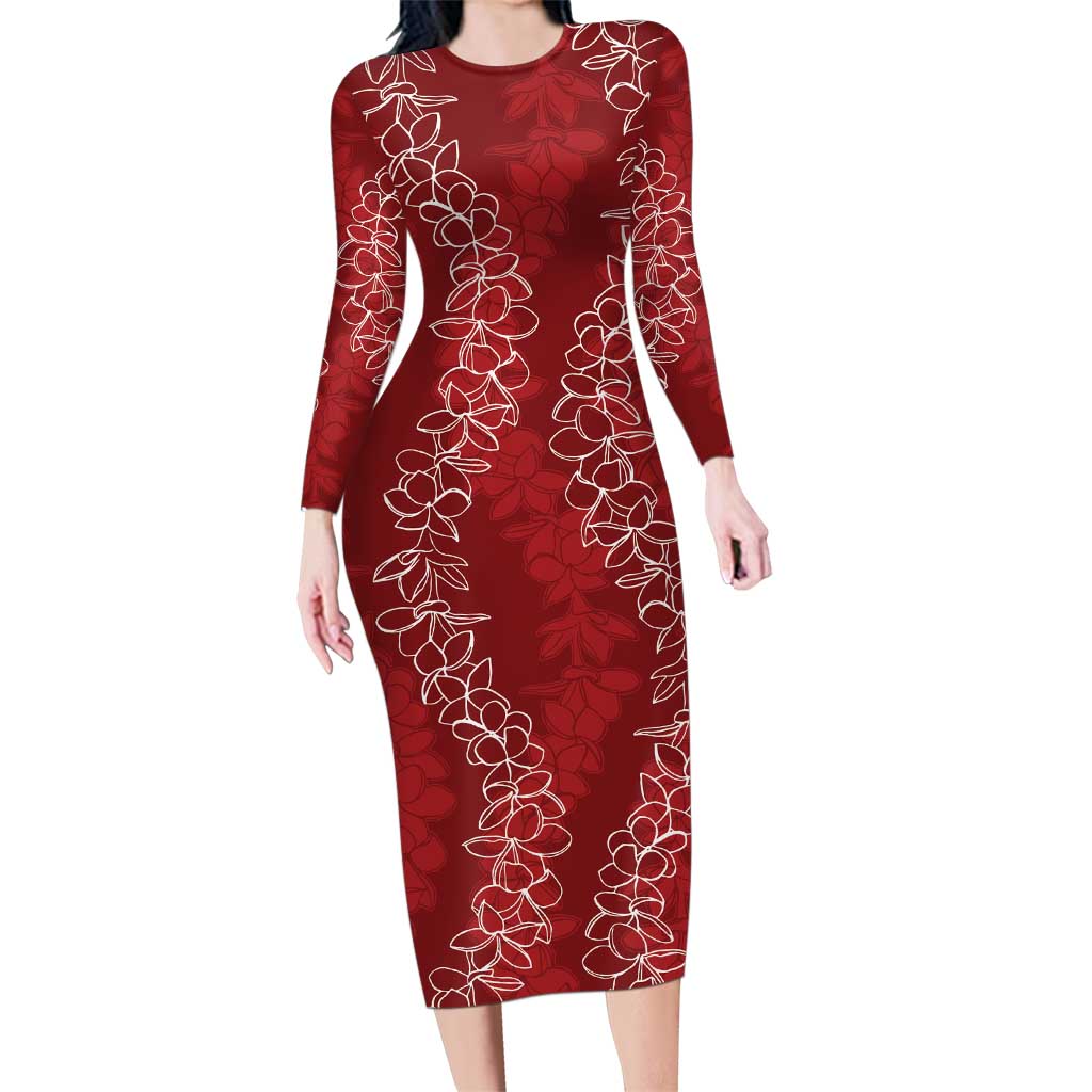 Hawaii Plumeria Lei Family Matching Long Sleeve Bodycon Dress and Hawaiian Shirt Aloha Festive Vibe - Crimson LT7 Mom's Dress Crimson - Polynesian Pride