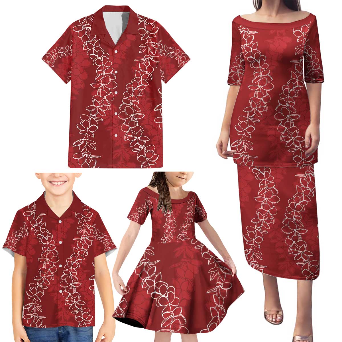 Hawaii Plumeria Lei Family Matching Puletasi and Hawaiian Shirt Aloha Festive Vibe - Crimson LT7 - Polynesian Pride