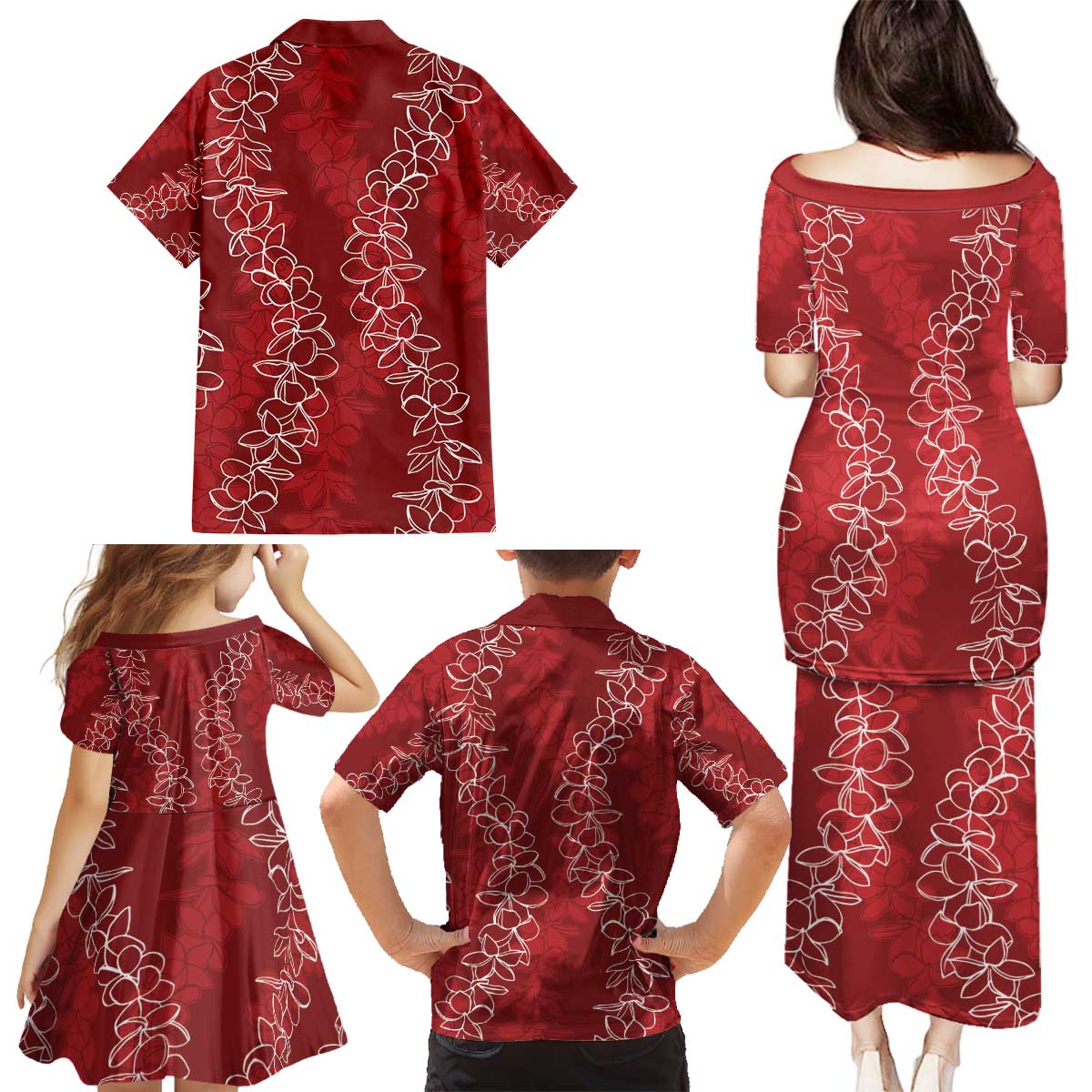 Hawaii Plumeria Lei Family Matching Puletasi and Hawaiian Shirt Aloha Festive Vibe - Crimson LT7 - Polynesian Pride