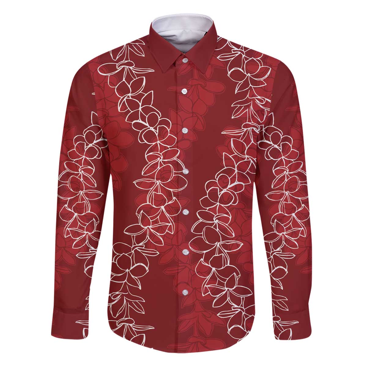 Hawaii Plumeria Lei Family Matching Puletasi and Hawaiian Shirt Aloha Festive Vibe - Crimson LT7 Dad's Shirt - Long Sleeve Crimson - Polynesian Pride