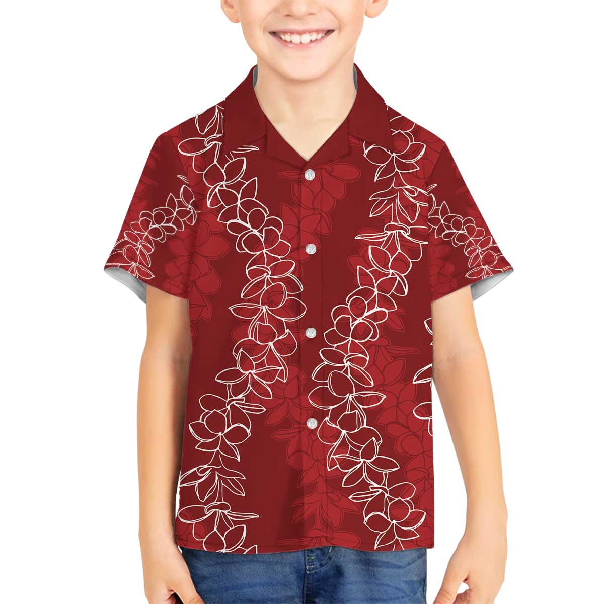 Hawaii Plumeria Lei Family Matching Puletasi and Hawaiian Shirt Aloha Festive Vibe - Crimson LT7 Son's Shirt Crimson - Polynesian Pride