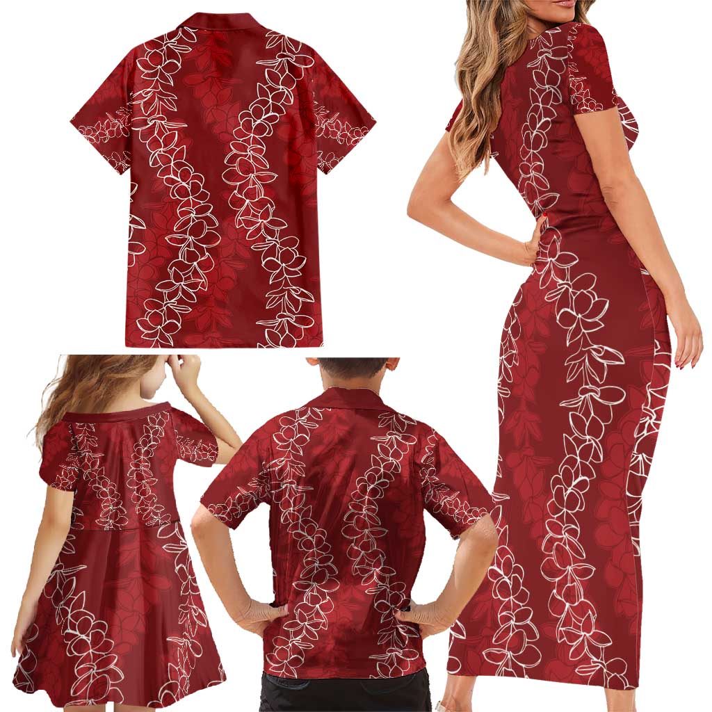 Hawaii Plumeria Lei Family Matching Short Sleeve Bodycon Dress and Hawaiian Shirt Aloha Festive Vibe - Crimson LT7 - Polynesian Pride