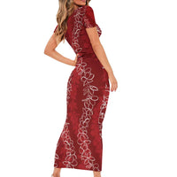 Hawaii Plumeria Lei Family Matching Short Sleeve Bodycon Dress and Hawaiian Shirt Aloha Festive Vibe - Crimson LT7 - Polynesian Pride