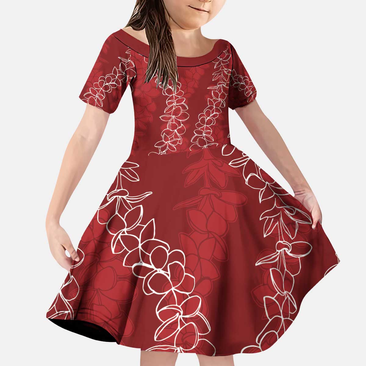 Hawaii Plumeria Lei Kid Short Sleeve Dress Aloha Festive Vibe - Crimson