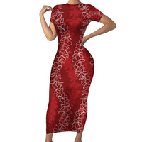 Hawaii Plumeria Lei Short Sleeve Bodycon Dress Aloha Festive Vibe - Crimson