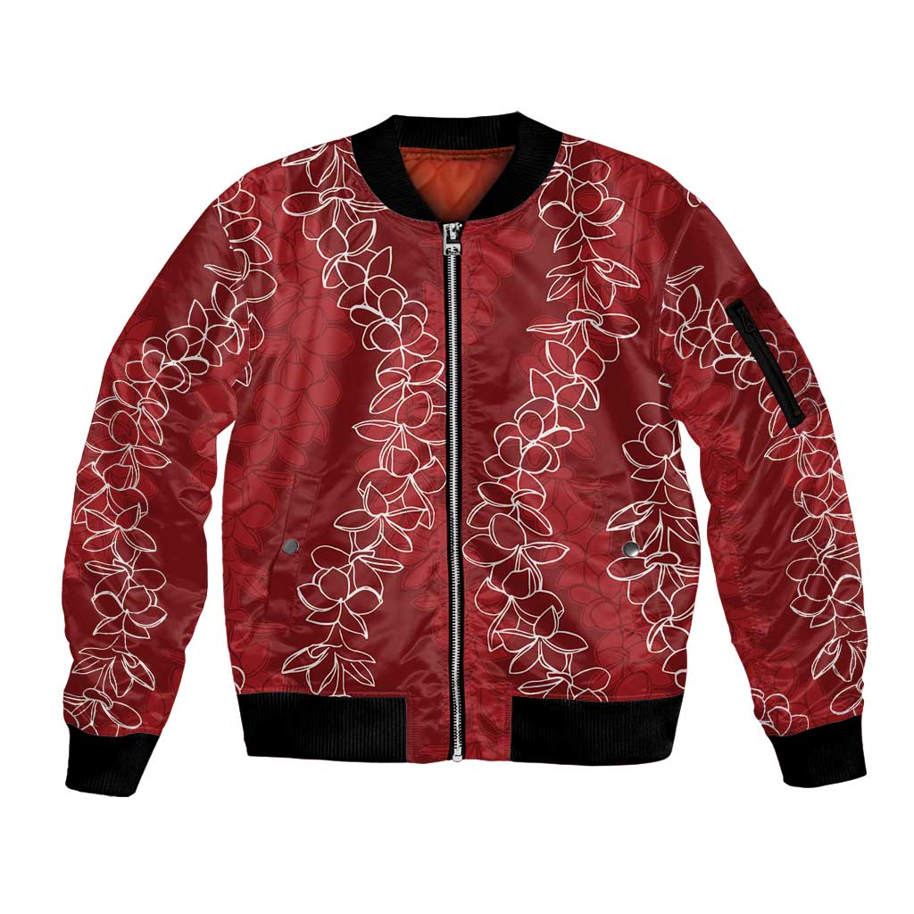 Hawaii Plumeria Lei Sleeve Zip Bomber Jacket Aloha Festive Vibe - Crimson