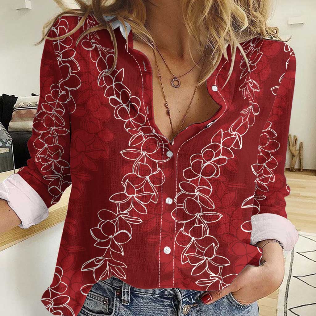 Hawaii Plumeria Lei Women Casual Shirt Aloha Festive Vibe - Crimson