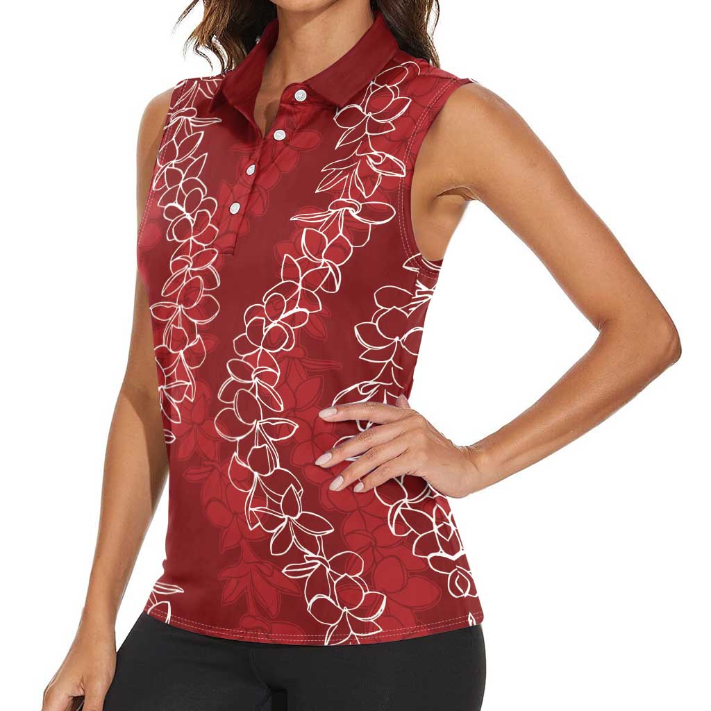 Hawaii Plumeria Lei Women Sleeveless Polo Shirt Aloha Festive Vibe - Crimson