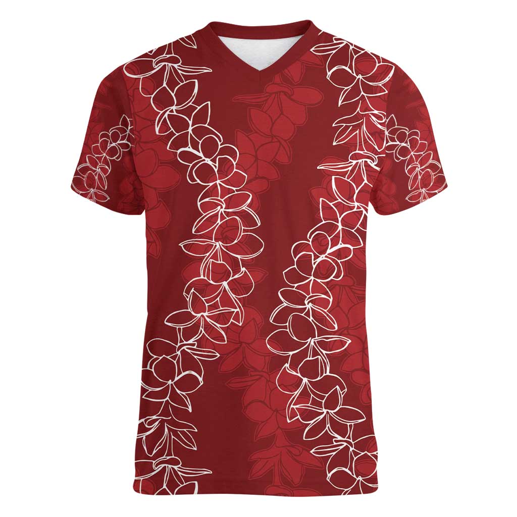 Hawaii Plumeria Lei Women V-Neck T-Shirt Aloha Festive Vibe - Crimson