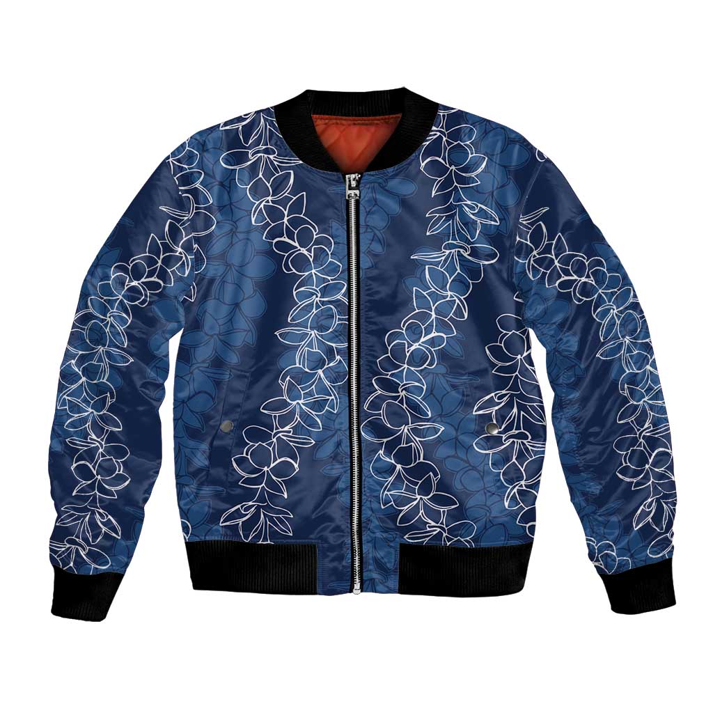 Hawaii Plumeria Lei Bomber Jacket Aloha Festive Vibe - Navy Blue