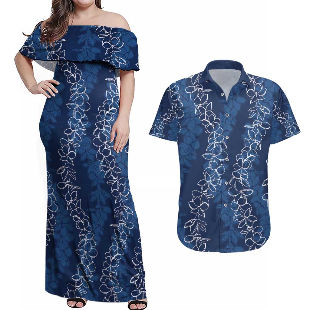 Hawaii Plumeria Lei Couples Matching Off Shoulder Maxi Dress and Hawaiian Shirt Aloha Festive Vibe - Navy Blue