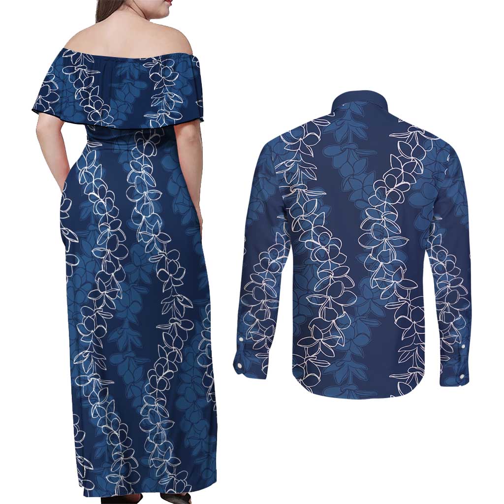 Hawaii Plumeria Lei Couples Matching Off Shoulder Maxi Dress and Long Sleeve Button Shirt Aloha Festive Vibe - Navy Blue