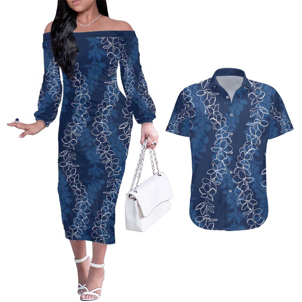 Hawaii Plumeria Lei Couples Matching Off The Shoulder Long Sleeve Dress and Hawaiian Shirt Aloha Festive Vibe - Navy Blue