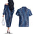 Hawaii Plumeria Lei Couples Matching Off The Shoulder Long Sleeve Dress and Hawaiian Shirt Aloha Festive Vibe - Navy Blue
