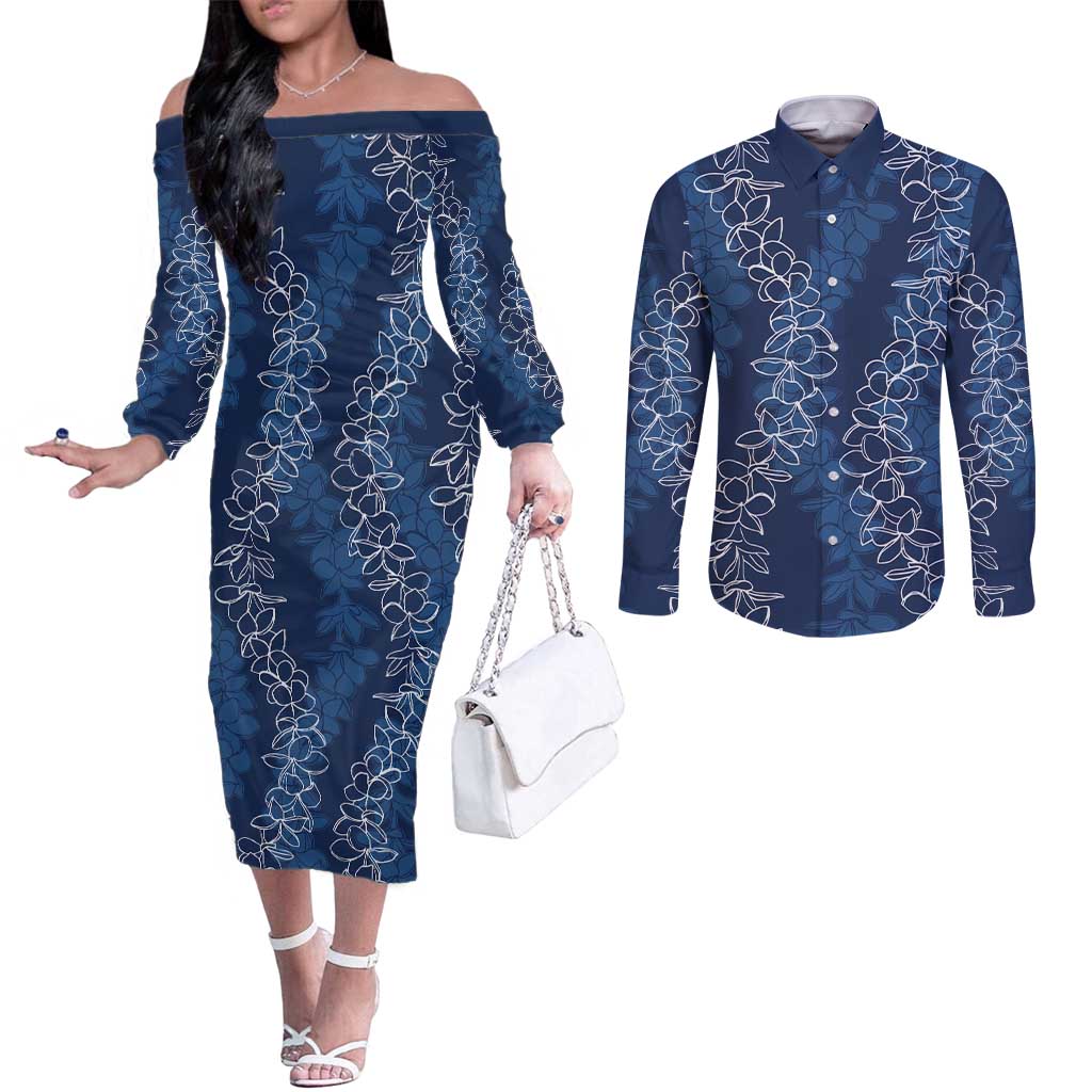 Hawaii Plumeria Lei Couples Matching Off The Shoulder Long Sleeve Dress and Long Sleeve Button Shirt Aloha Festive Vibe - Navy Blue