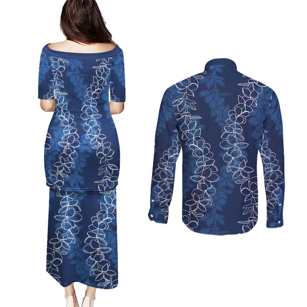 Hawaii Plumeria Lei Couples Matching Puletasi and Long Sleeve Button Shirt Aloha Festive Vibe - Navy Blue LT7 - Polynesian Pride