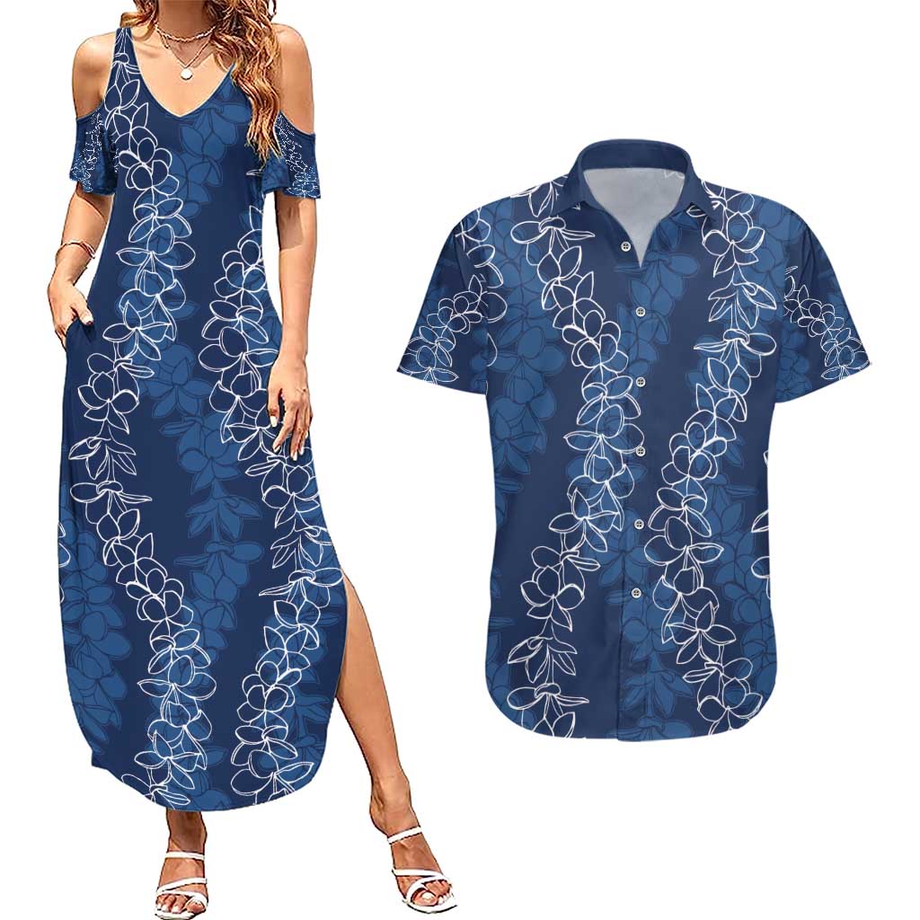 Hawaii Plumeria Lei Couples Matching Summer Maxi Dress and Hawaiian Shirt Aloha Festive Vibe - Navy Blue