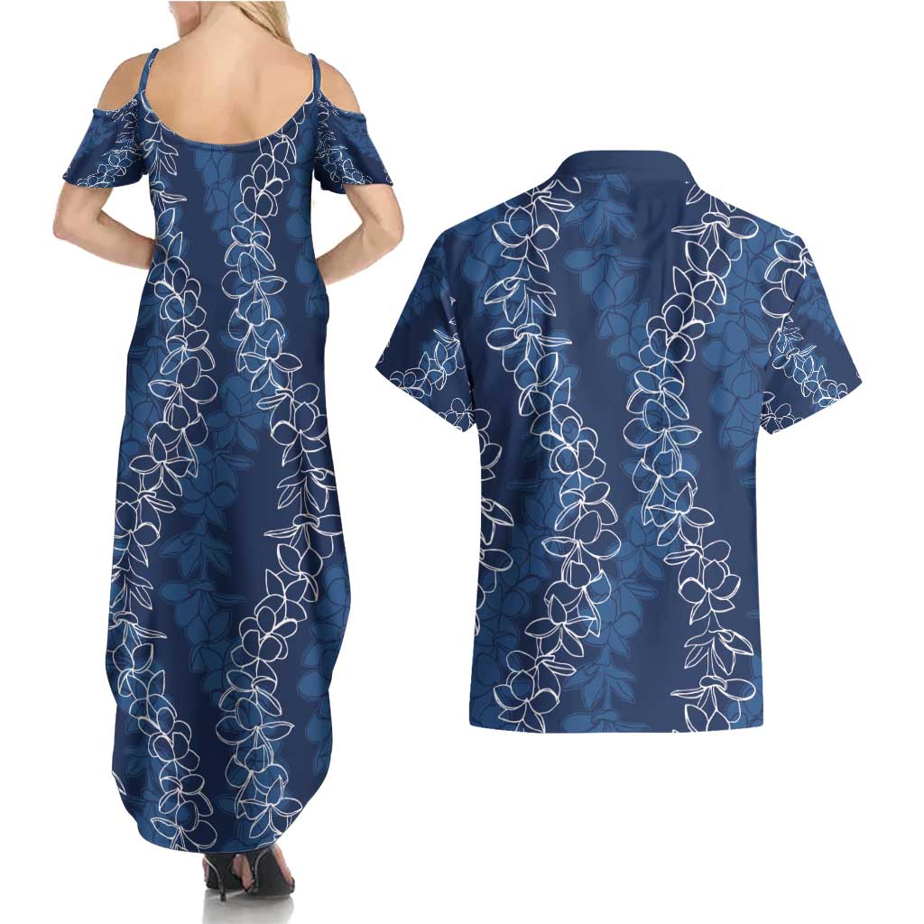 Hawaii Plumeria Lei Couples Matching Summer Maxi Dress and Hawaiian Shirt Aloha Festive Vibe - Navy Blue