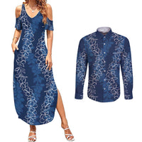 Hawaii Plumeria Lei Couples Matching Summer Maxi Dress and Long Sleeve Button Shirt Aloha Festive Vibe - Navy Blue LT7 Navy Blue - Polynesian Pride