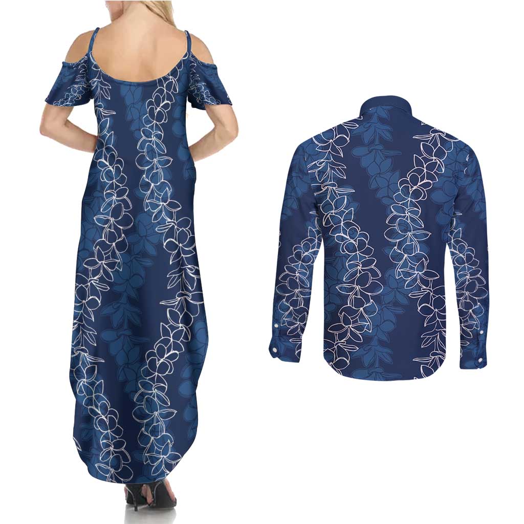 Hawaii Plumeria Lei Couples Matching Summer Maxi Dress and Long Sleeve Button Shirt Aloha Festive Vibe - Navy Blue LT7 - Polynesian Pride