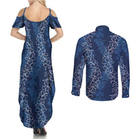 Hawaii Plumeria Lei Couples Matching Summer Maxi Dress and Long Sleeve Button Shirt Aloha Festive Vibe - Navy Blue LT7 - Polynesian Pride